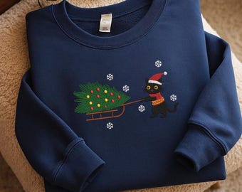 Diseño de bordado de gato navideño, archivo de bordado de gato negro con árbol, lindo gatito navideño para bordar a máquina, patrón de copo de nieve navideño
