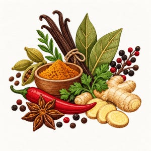 Peut inclure: Une illustration brodée d'ingrédients culinaires comprenant un bol en bois rempli de poudre d'épices orange, des gousses de vanille brun foncé, des feuilles de laurier vertes, du gingembre, un piment rouge, de l'anis étoilé et des grains de poivre.