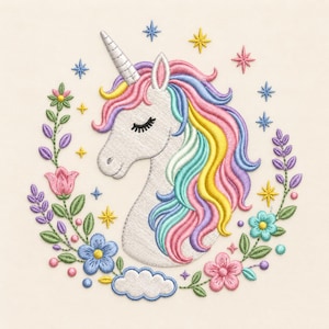 Peut inclure: Un motif de broderie représentant une tête de licorne blanche avec une crinière multicolore dans des tons de rose, jaune et bleu. La licorne est entourée d'une couronne florale composée de fleurs roses, bleues et violettes et d'étoiles.