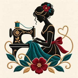 Pode incluir: Uma ilustração bordada apresentando a silhueta de uma pessoa costurando com uma máquina de costura preta de estilo vintage. O design inclui tecido azul-petróleo, um laço vermelho, uma grande flor vermelha na base e adornos dourados.