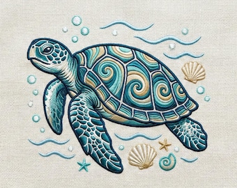 Diseño de bordado de tortuga marina, archivo de bordado a máquina de vida marina con conchas marinas
