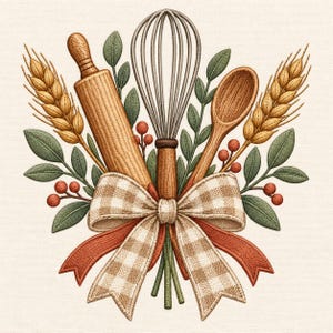 Könnte beinhalten: Eine gestickte Illustration mit einem hölzernen Nudelholz, einem Schneebesen aus Metall und einem Holzlöffel, arrangiert mit goldenen Weizenähren, grünen Blättern und kleinen roten Beeren, zusammengebunden mit einer beigefarbenen und weißen karierten Schleife.