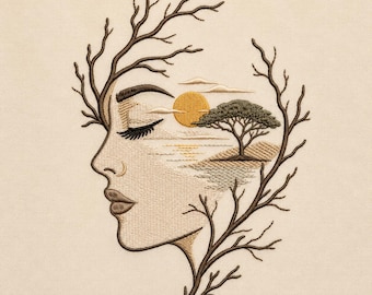 Abstract Woman Face Landscape Embroidery Design, Nature Silhouette Line Art (Digital Download)