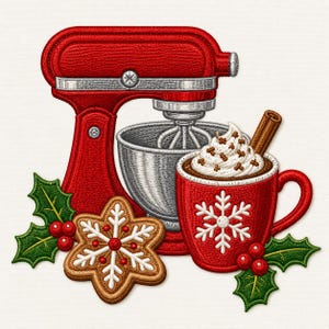 Puede incluir: Un diseño bordado que presenta una batidora de pie de color rojo brillante, una taza roja llena de chocolate caliente con nata montada y una rama de canela, una galleta de jengibre en forma de estrella y ramas de acebo verde con bayas rojas.