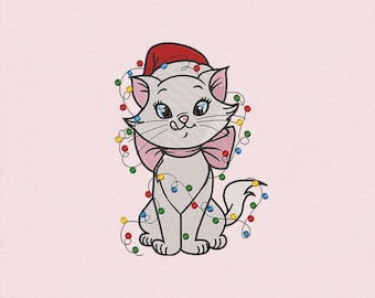 Diseño de bordado de gato navideño, adorable gatito con luces y lazo, archivo de bordado a máquina, patrón de puntada de gato coqueto navideño