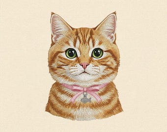 Diseño de bordado de gato, gato jengibre realista con lazo, lindo retrato de mascota, archivo de bordado a máquina