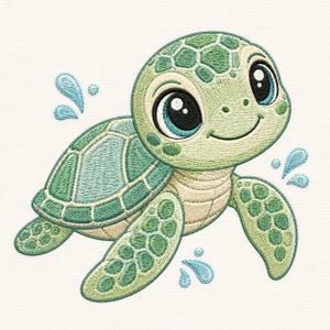 May include: An embroidered design of a small sea turtle with a light green shell and cream-colored underbelly. The turtle has large, dark eyes with blue highlights and is surrounded by small, light blue embroidered water droplets.