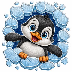 May include: An embroidered patch featuring a cartoon penguin with black and white feathers, bright blue eyes, and an orange beak. The penguin is emerging from a circular opening surrounded by jagged, light blue ice blocks against a dark blue background.