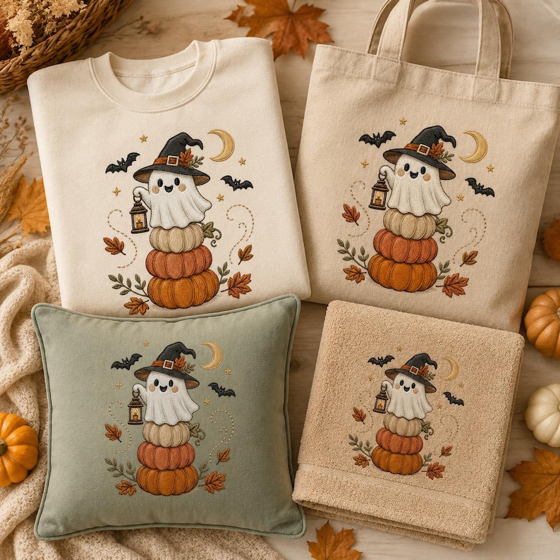 May include: A cream sweatshirt, a cream tote bag, a sage green pillow, and a tan towel, each featuring an embroidered design of a ghost wearing a witch hat, holding a lantern, and sitting on a stack of three pumpkins with bats, leaves, and a moon.