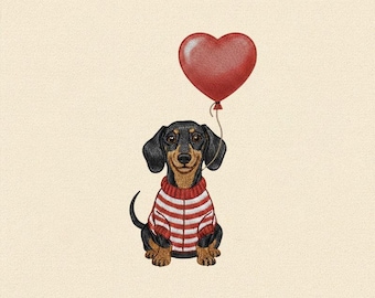 Diseño de bordado de San Valentín de perro salchicha, lindo perro salchicha con globo de corazón, archivo de bordado de cachorro de San Valentín, bordado a máquina de amor de perro