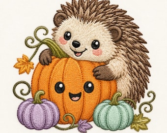 Hedgehog Pumpkin Embroidery File, Woodland Autumn Animal Design (Digital Download)