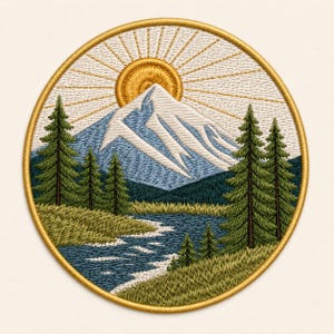 May include: A circular embroidered patch featuring a landscape scene with a snow-capped mountain peak under a golden sun with radiating rays. The foreground shows a winding blue river, green grassy banks, and several tall evergreen pine trees.
