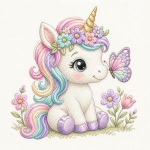Peut inclure: Un motif brodé représentant une licorne blanche avec une corne dorée, une crinière et une queue aux couleurs pastel. La licorne porte une couronne de fleurs et est assise près d'un papillon et de petites fleurs aux fils roses, violets et bleus.