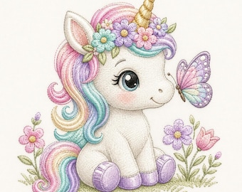 Baby Unicorn Butterfly Embroidery File, Floral Rainbow Nursery Design (Digital Download)