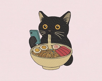 Diseño de bordado de un adorable gato comiendo ramen, archivo de bordado a máquina de un gato kawaii comiendo fideos, patrón de bordado de un gato amante del ramen, descarga instantánea