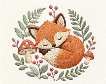 Sleeping Fox Fern Machine Embroidery File, Woodland Mushroom Fox Design, Cottagecore Animal Download