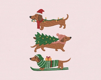 Diseño de bordado de perro salchicha navideño, archivo de bordado a máquina de perro salchicha adorable, patrón de puntada de cachorro navideño para regalos de invierno