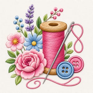 Floral Thread Spool Needle Machine Embroidery File, Rose Button Sewing Stitch Design, Sewing Lover Pattern
