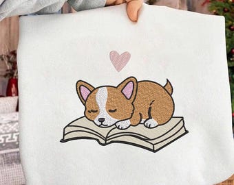 Diseño de bordado de libro "Cachorro durmiendo" / Lindo perro leyendo / Bordado acogedor para amantes de los libros