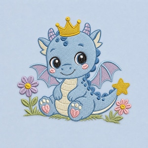 May include: An embroidery design featuring a light blue dragon with a yellow crown, purple wings, and a cream-colored belly. The dragon sits on green grass with a purple flower, a pink flower, and a yellow star on its tail against a light blue background.