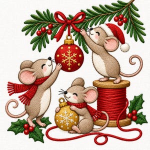 Op de afbeelding: Drie bruine muizen versieren met kerstornamenten. Eén muis draagt een rode kerstmuts en staat op een rode garenklos. Een andere draagt een rode sjaal en houdt een gouden bal vast. Een derde muis reikt naar een rode bal aan een dennentak.