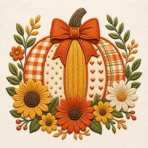 May include: An embroidered design featuring a central pumpkin with a large orange bow, decorated with gingham, polka dot, and heart patterns. The pumpkin is surrounded by sunflowers, daisies, green leaves, and small orange berries on a cream background.