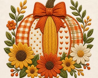 Floral Pumpkin Embroidery Design, Sunflower Fall Harvest Bow Autumn Machine Embroidery