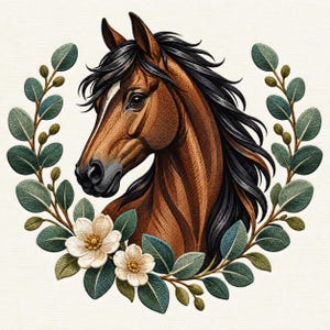 Puede incluir: Una cabeza de caballo marrón con crin negra y una mancha blanca en la frente, enmarcada por una corona circular de hojas de eucalipto verdes y dos flores blancas con centros amarillos, en una ilustración detallada estilo bordado.