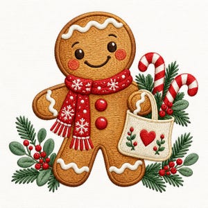 Puede incluir: Un personaje de pan de jengibre bordado con cara sonriente, mejillas rosadas y detalles de glaseado blanco. Lleva una bufanda roja con copos de nieve blancos, sostiene una bolsa color crema con un corazón rojo y está rodeado de ramas de pino.
