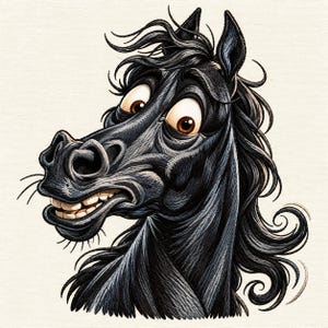 May include: A stylized illustration of a black horse head with a flowing mane, large expressive brown eyes, and a wide, toothy grin. The artwork features detailed line work and shading that emphasizes the horse's facial features and texture.