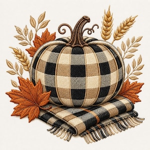 May include: An embroidered design featuring a central pumpkin with a black and beige buffalo check pattern, resting on a folded matching plaid blanket with fringe, surrounded by orange maple leaves and stalks of golden wheat on a white background.