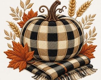 Buffalo Plaid Pumpkin Machine Embroidery File, Farmhouse Fall Leaves and Scarf Autumn Embroidery Design