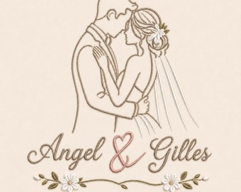 以下が含まれることがあります： 抱き合うカップルを描いた刺繍デザイン。名前「Angel & Gilles」と日付「25.09.2027」が下にあります。デザインには花のアクセントが含まれており、ベージュの背景に金と白で表現されています。