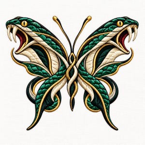 Può includere: Una toppa ricamata a forma di farfalla, composta da due teste di serpente verdi con occhi gialli e zanne bianche che formano le ali. Il design presenta accenti color crema e contorni dorati, con un corpo centrale che ricorda un serpente attorcigliato.