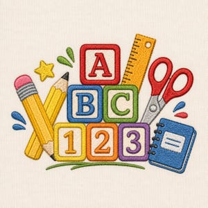 May include: An embroidered design featuring a yellow pencil, a yellow ruler, red scissors, and a blue spiral notebook. Included are alphabet blocks with A, B, C and number blocks with 1, 2, 3, plus a small yellow star and blue accents.