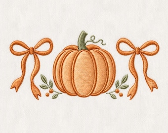 Pumpkin Bow Trio Machine Embroidery File, Autumn Floral Centerpiece, Fall Coquette Pumpkin Design
