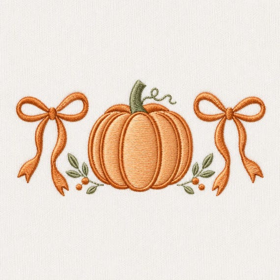 Pumpkin Bow Trio Machine Embroidery File, Autumn Floral Centerpiece, Fall Coquette Pumpkin Design