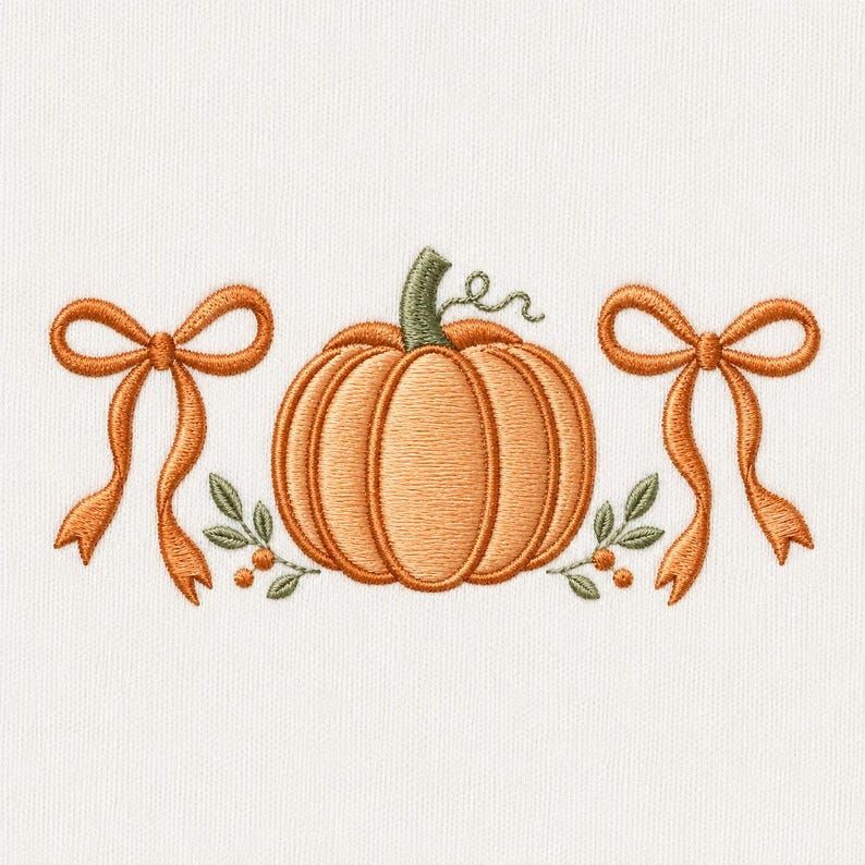 May include: An embroidery design featuring a central orange pumpkin with a green stem, flanked by two orange ribbons tied in bows and small green leaf sprigs with tiny orange berries on each side, all set against a plain white fabric background.