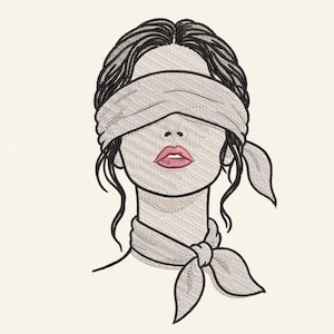 May include: An embroidery design featuring a person with dark hair, wearing a light-colored blindfold over their eyes and a matching knotted neck scarf. The person has visible lips colored in a soft pink shade, with the entire image rendered in black outlines and light gray fill stitching on a plain background.