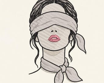 Blindfold Woman Embroidery Design, Minimalist Female Portrait, Line Art (Digital Download)