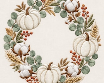 White Pumpkin Cotton Wreath Machine Embroidery File, Neutral Farmhouse Fall Floral Frame Design