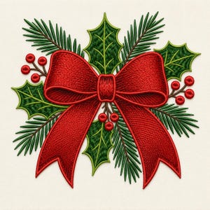 Può includere: Un disegno ricamato che presenta un grande fiocco rosso vibrante centrato sopra un gruppo di foglie di agrifoglio verde scuro e aghi di pino. Piccoli gruppi di bacche rosse brillanti sono intervallati tra il fogliame, creando una disposizione simmetrica.