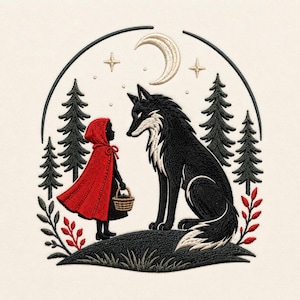 Pode incluir: Um design de bordado apresentando uma figura com uma capa vermelha brilhante com capuz segurando uma pequena cesta marrom, em frente a um grande lobo preto. A cena inclui pinheiros verde-escuros, uma lua crescente e estrelas, emoldurados por um arco preto.
