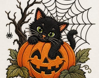 May include: An embroidery design featuring a black kitten with bright green eyes resting on an orange jack-o'-lantern. The scene includes a dark leafless tree, a spider hanging from a web, and green leaves surrounding the pumpkin base.