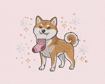 Diseño de bordado navideño de Shiba Inu, archivo de bordado a máquina de perro con media, patrón de cachorro navideño lindo