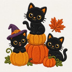 Borduurpatroon met zwarte katten en pompoenen voor Halloween, herfstkattenontwerp (digitale download)