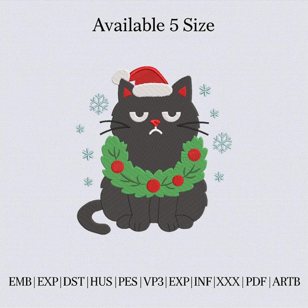 Grumpy Christmas Cat Embroidery Design, Santa Hat Kitty With Wreath ...