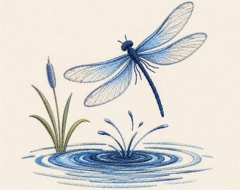 Blue Dragonfly Pond Machine Embroidery File, Water Ripple Nature Digital Design