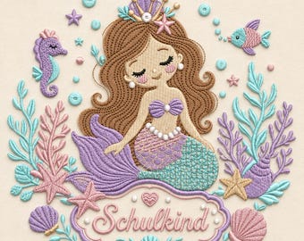 Mermaid Princess Embroidery Design, Ocean Girl Stitch Pattern, Custom Name (Digital File)