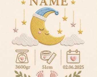 Moon Birth Stats Embroidery Design, Personalized Baby Name Machine File (5 Sizes)